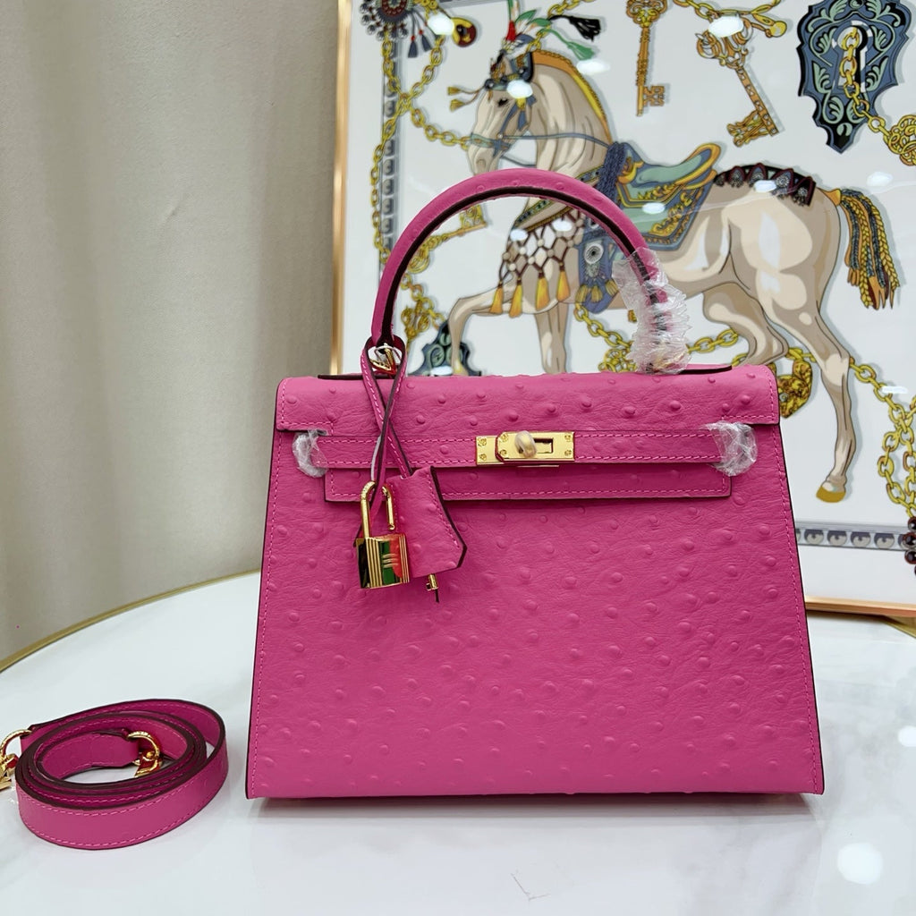 Kelly Sellier 25cm Rose Tyrien Ostrich Gold Hardware Designer Crossbody Tote