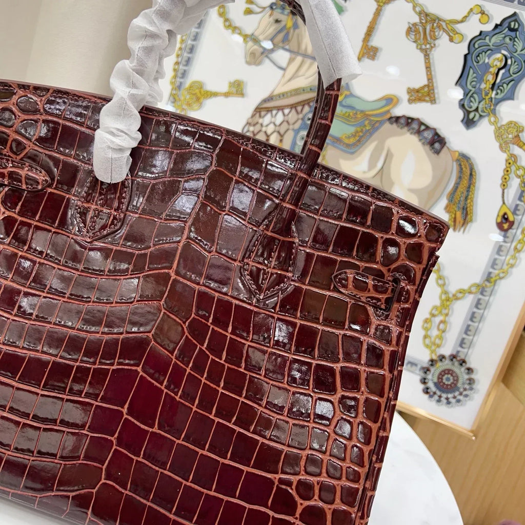 👜Birkin Bordeaux Shiny Porosus Crocodile Gold Hardware