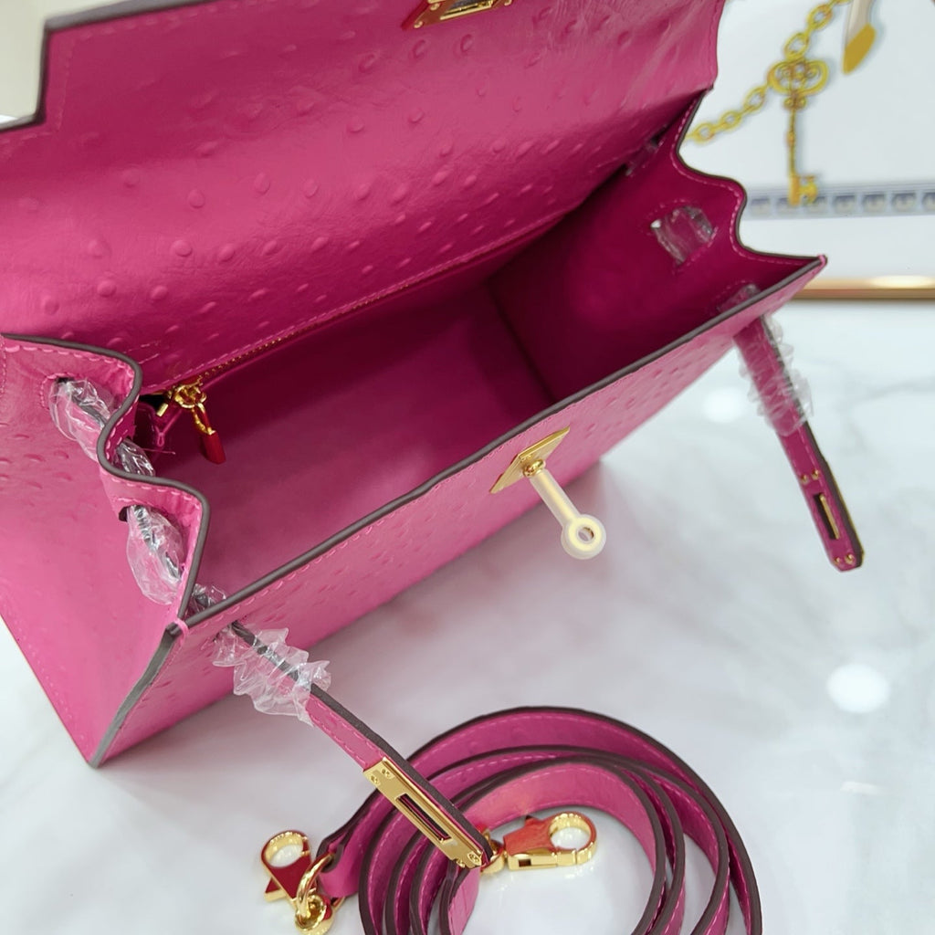 Kelly Sellier 25cm Rose Tyrien Ostrich Gold Hardware Designer Crossbody Tote