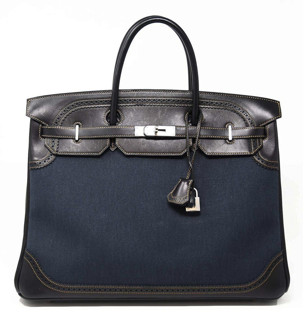 👜Birkin 40 Ghillies Denim Fonce Toile / Black Evercalf Bag Limited Edition