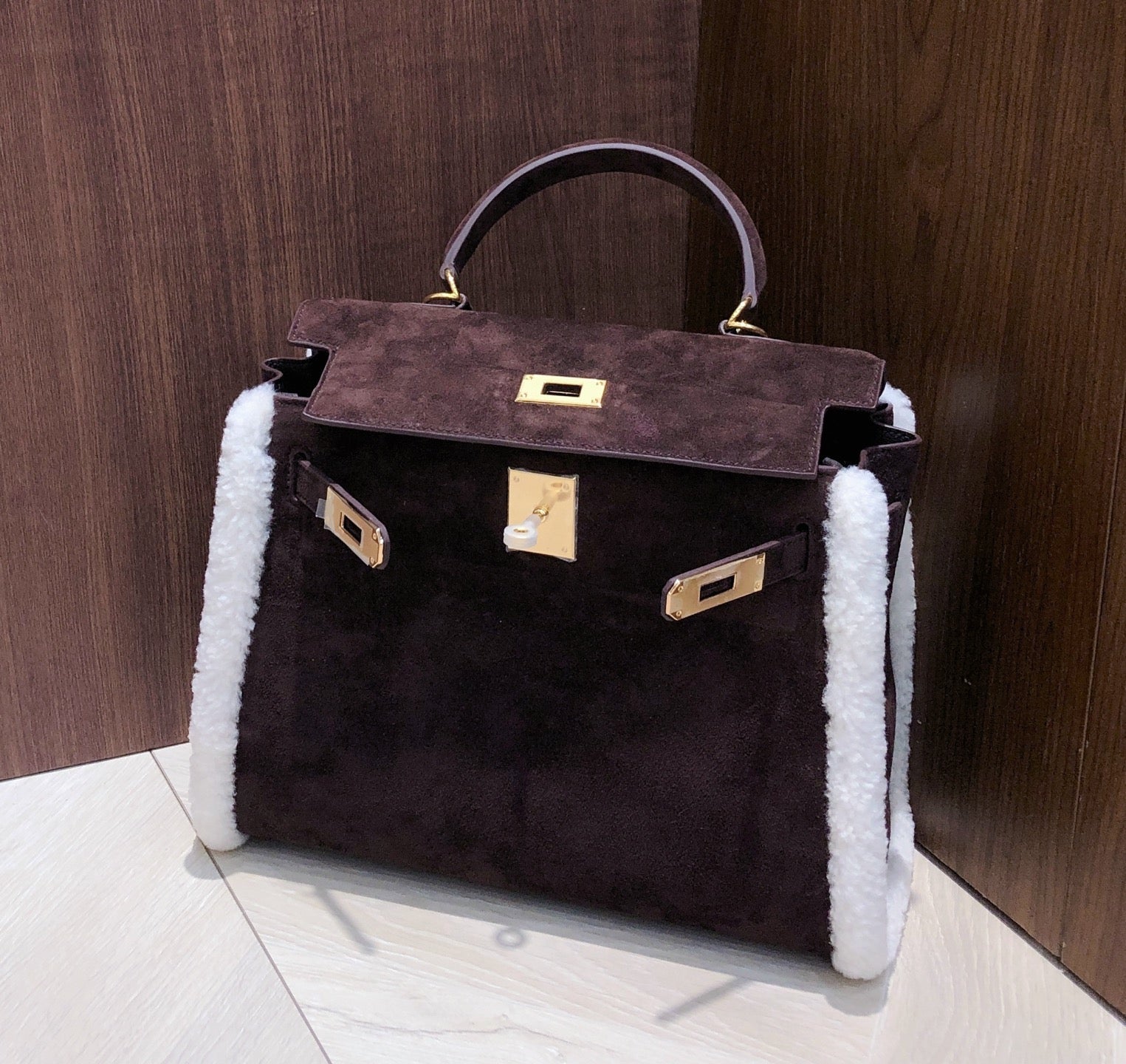 Kelly Sellier 28cm Ebene Suede Leather Gold Hardware Commute Shoulder Handbag