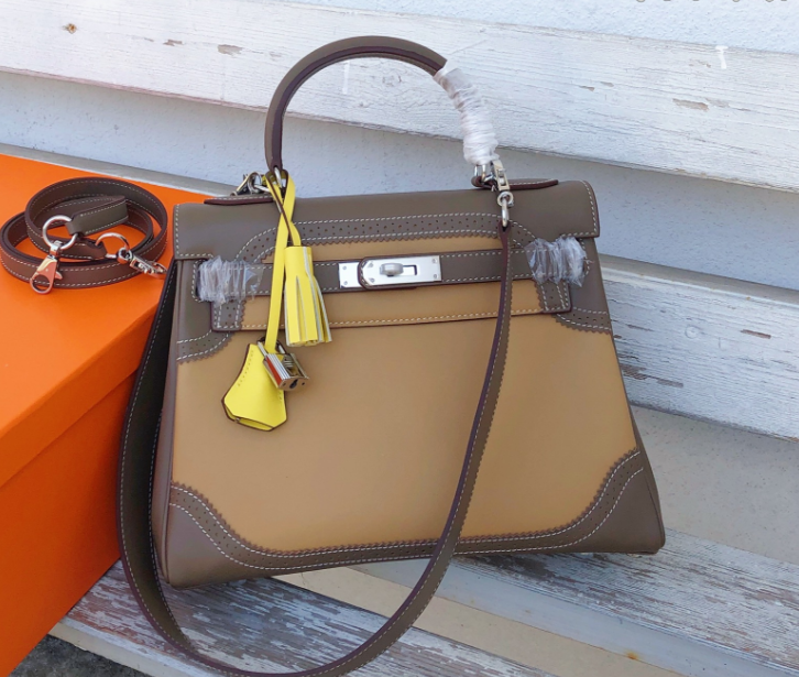 Kelly Sellier Ghillies 28cm Beige Poussière & Marron Foncé Barenia Leather Palladium Hardware Women Handbag