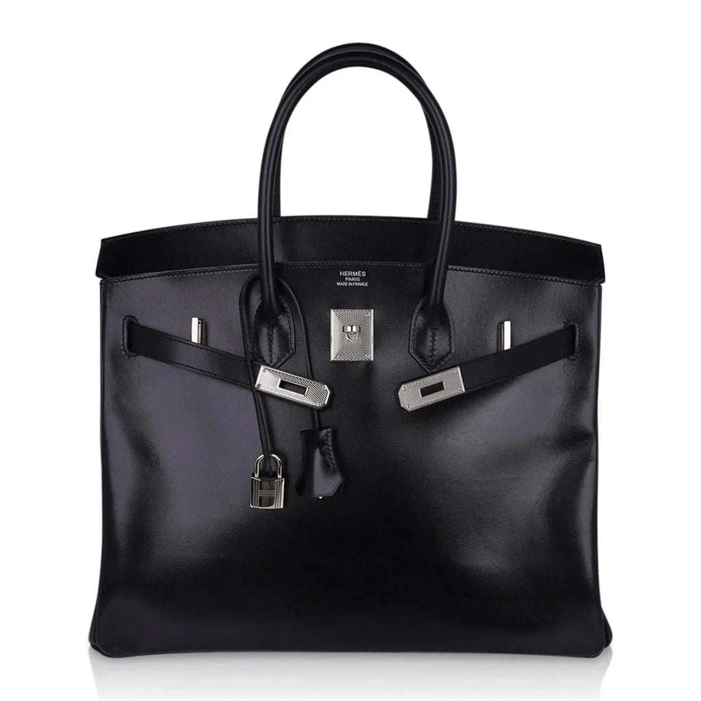 👜Birkin 35 Bag Black Box Palladium Guilloche Hardware