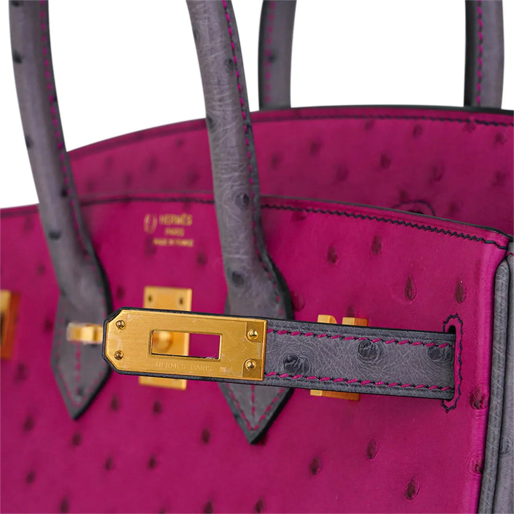 👜Birkin HSS 25 Bag Rose Pourpre and Gris Agate Ostrich with Gold Hardware