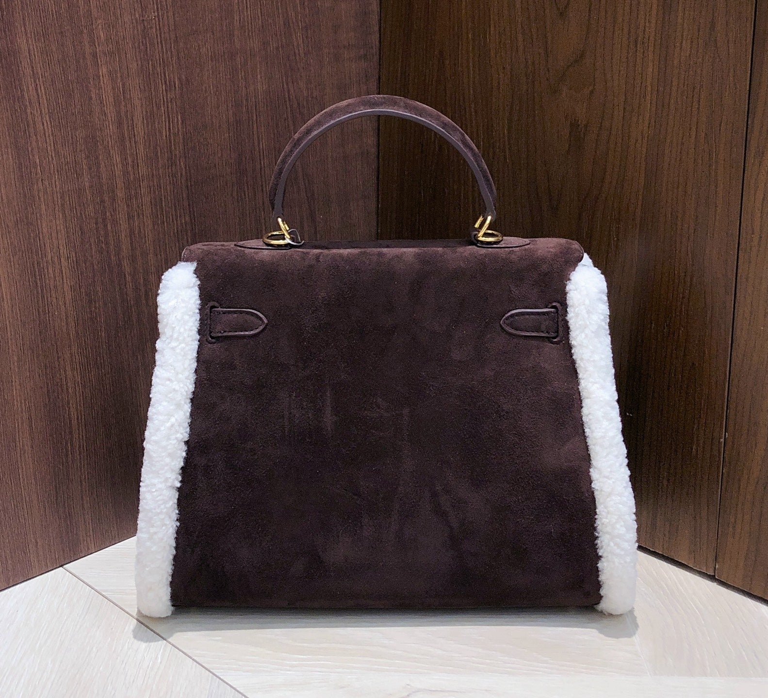 Kelly Sellier 28cm Ebene Suede Leather Gold Hardware Commute Shoulder Handbag