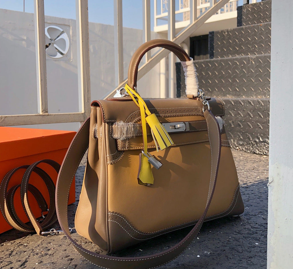 Kelly Sellier Ghillies 28cm Beige Poussière & Marron Foncé Barenia Leather Palladium Hardware Women Handbag