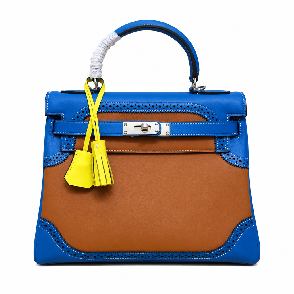 Kelly Sellier Ghillies 28cm Bleu Izmir & Natural Sable Barenia Leather Palladium Hardware Women Handbag