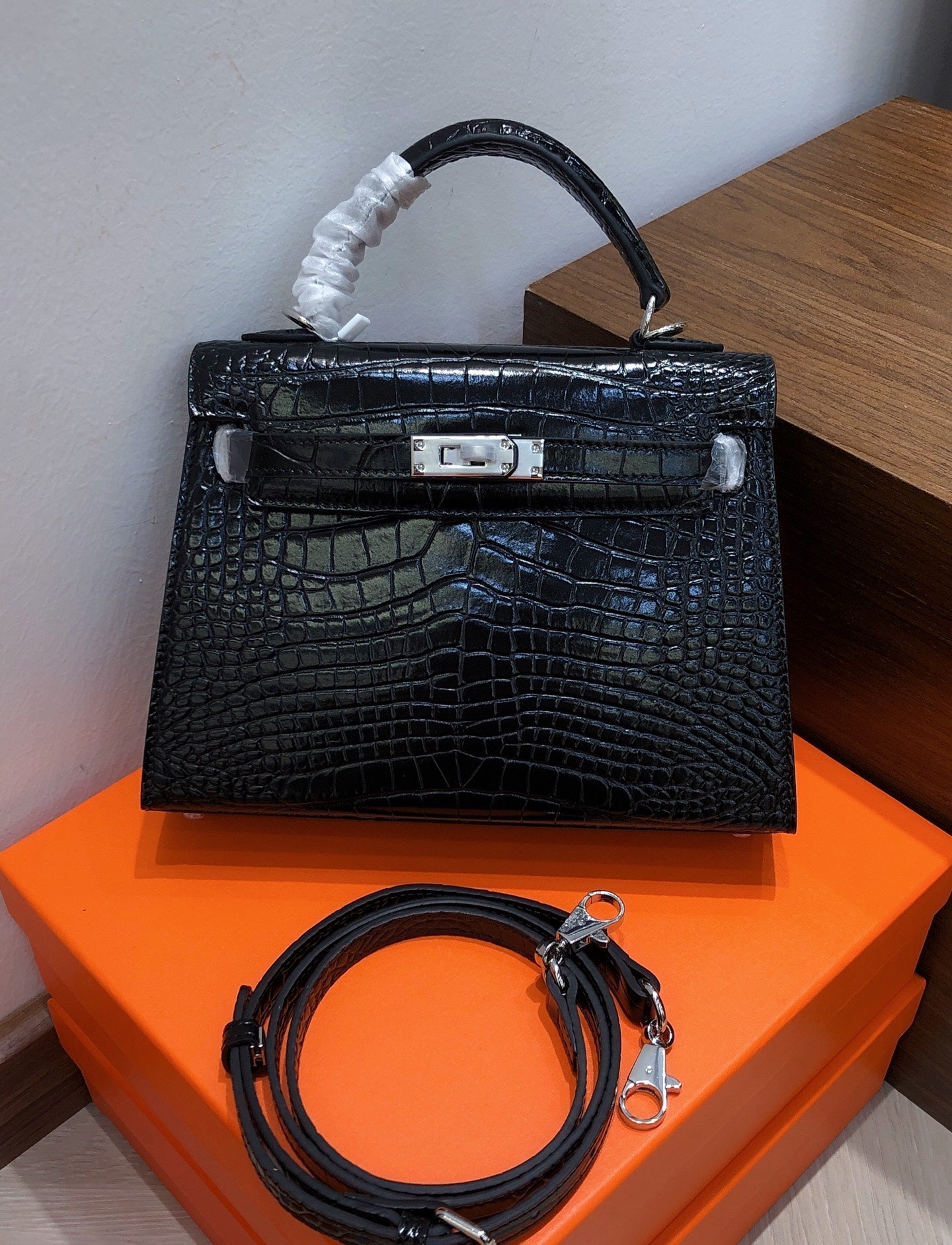 Kelly Sellier 22cm Noir Shiny Crocodile Leather Gold Hardware & Palladium Hardware Women Handbag