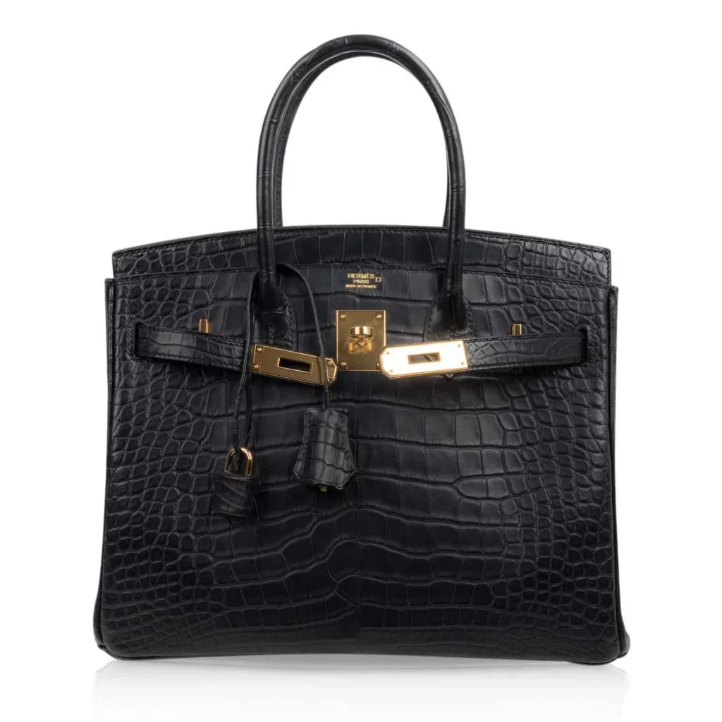 👜Birkin 30 Bag Black Matte Alligator Gold Hardware