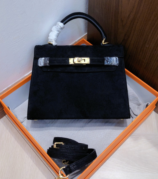 Kelly Sellier 22cm Noir Suede Leather Gold Hardware Women Mini Handbag