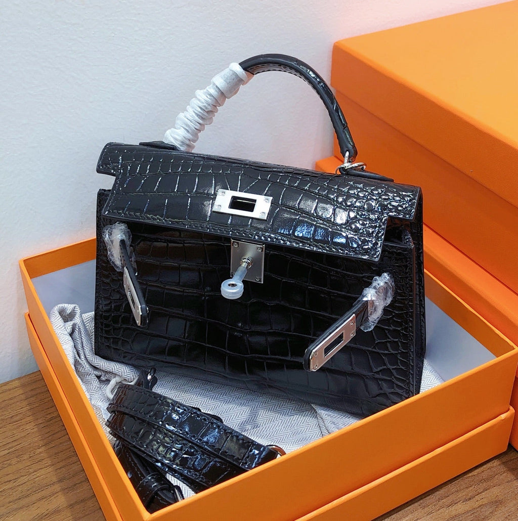 Kelly Sellier 19cm Noir Shiny Crocodile Leather Gold Hardware & Palladium Hardware Women Handbag