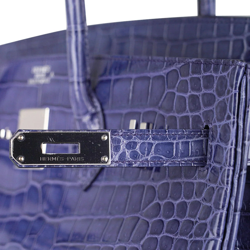 👜Birkin 35 Bag Blue Brighton Porosus Crocodile Palladium Hardware New