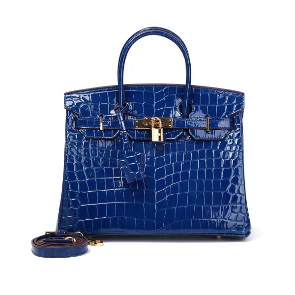 👜Birkin Blue Croc Embossement Leather Handbags Metal Lock Satchel Bag