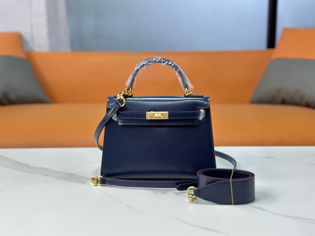 Kelly Sellier 19cm & 22cm & 25cm Bleu Nuit Box Calf Leather Gold Hardware & Palladium Hardware Women Handbag