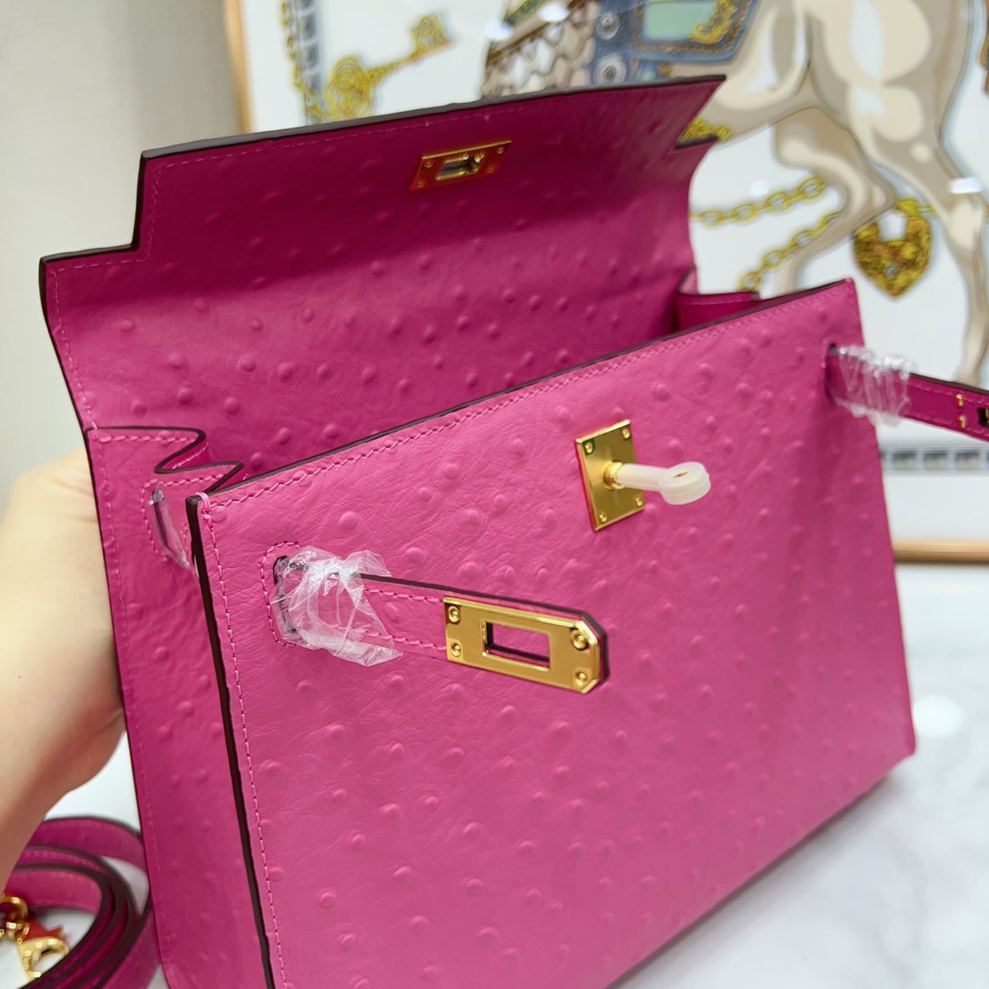 Kelly Sellier 25cm Rose Tyrien Ostrich Gold Hardware Designer Crossbody Tote