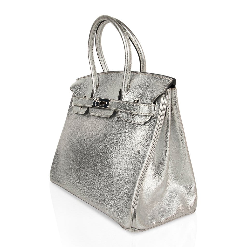 👜Limited Edition Birkin 30 Bag Silver Metallic Chevre Leather with Palladium Hardware