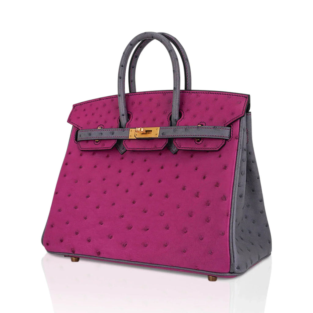 👜Birkin HSS 25 Bag Rose Pourpre and Gris Agate Ostrich with Gold Hardware