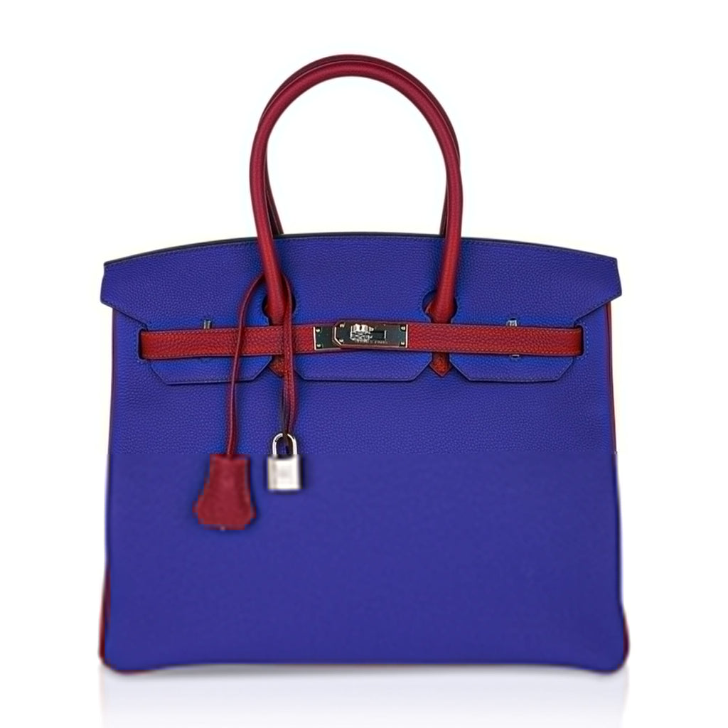 👜Special Order HSS Birkin 35 Bag Blue Electric & Rouge Granat Togo Leather with Palladium Hardware