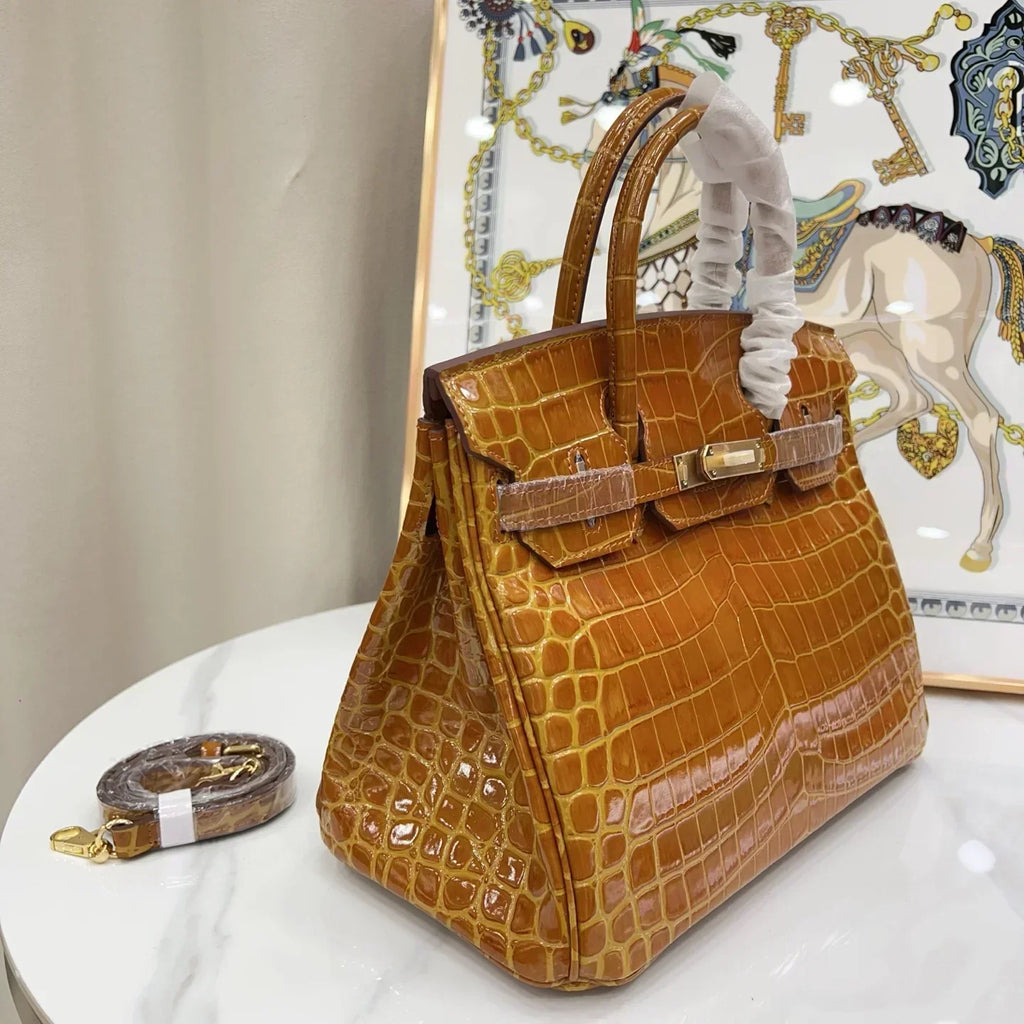 👜Birkin Shiny Niloticus Crocodile Cowhide Leather Gold Hardware