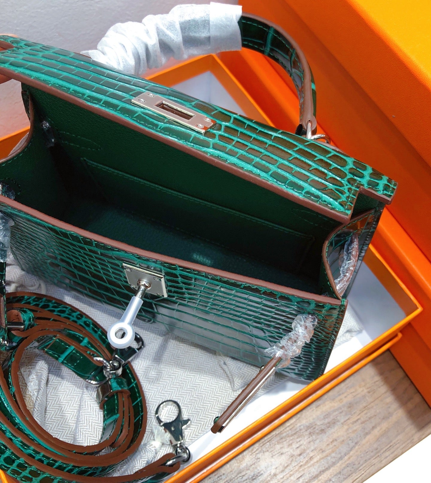 Kelly Sellier 19cm Vert Emeraude Shiny Crocodile Leather Gold Hardware & Palladium Hardware Women Handbag