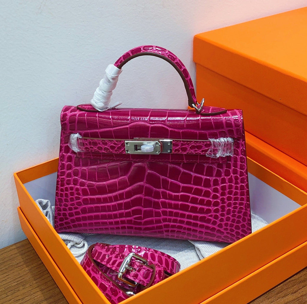 Kelly Sellier 19cm Fuchsia Shiny Crocodile Leather Gold Hardware & Palladium Hardware Women Handbag