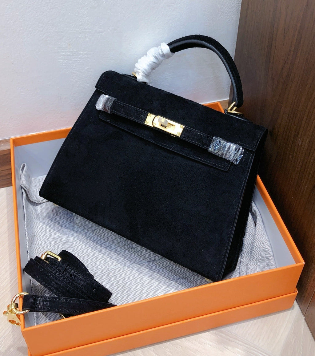 Kelly Sellier 22cm Noir Suede Leather Gold Hardware Women Mini Handbag