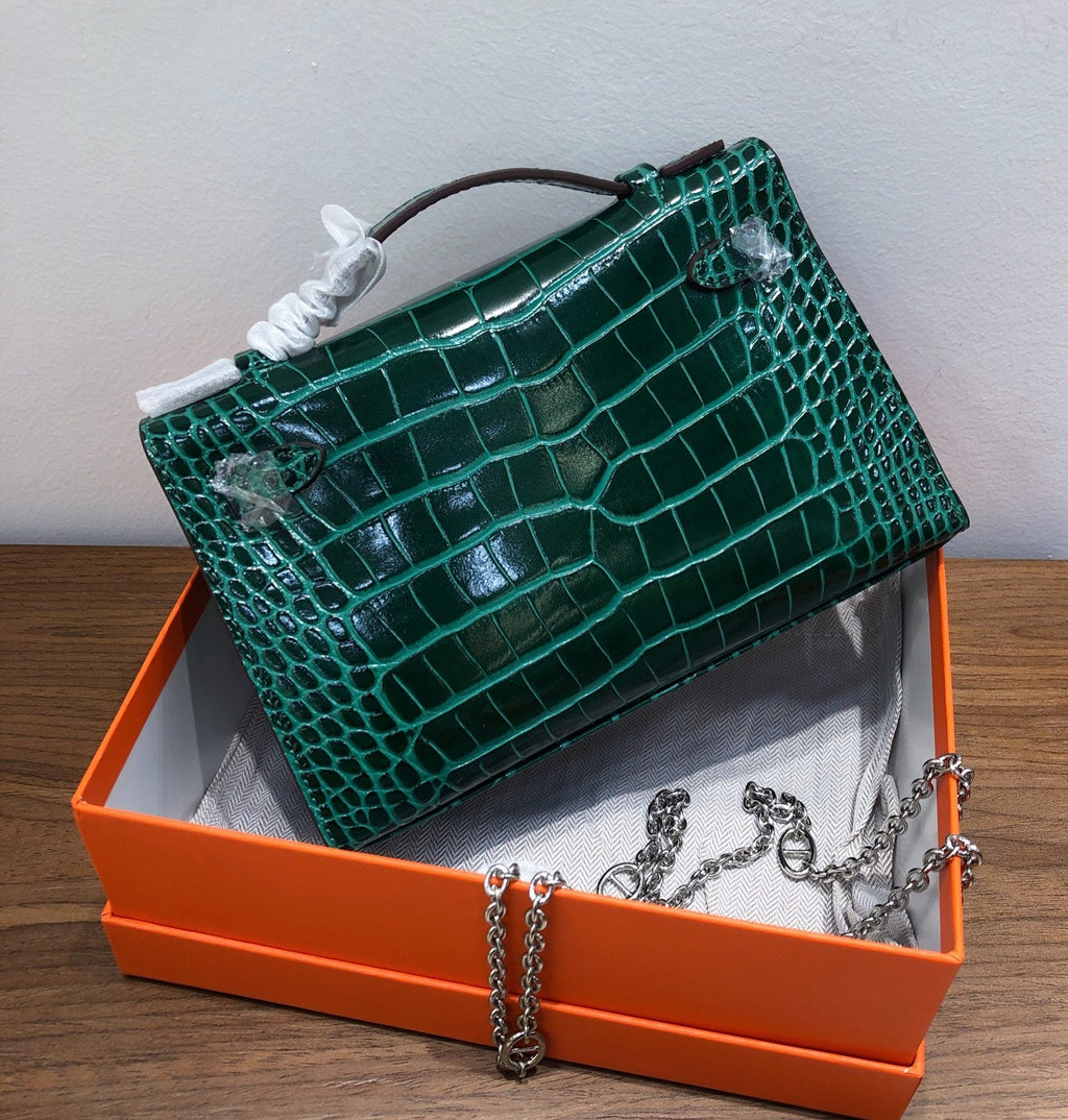 Kelly Pochette Vert Emeraude Shiny Niloticus Crocodile Leather Palladium Hardware Women Clutch Bag
