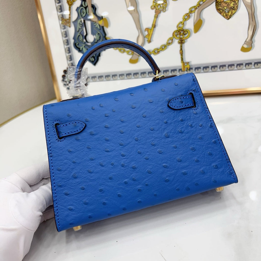 Mini Kelly II 19cm Sellier Bleu Electrique Ostrich Gold Hardware Luxury Crossbody Handbag