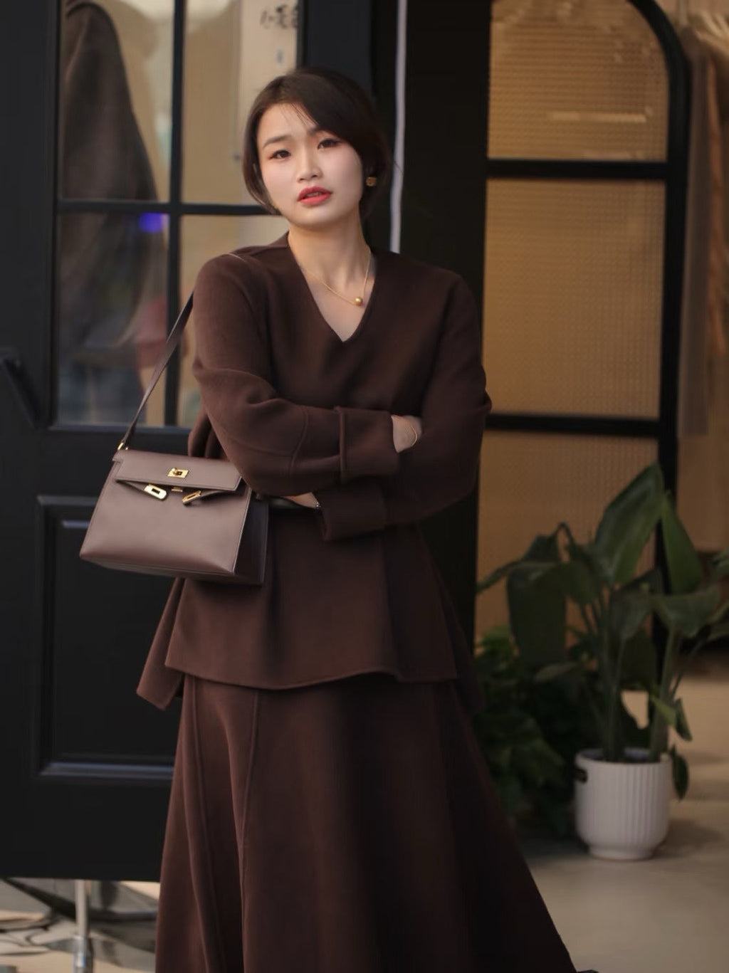 Kelly Elan 25 Underarm Baguette Bag, Genuine Top Layer Cowhide Goat Grain Leather, Gold Hardware Havane Brown Shoulder Purse, Low-key Old Money Vintage Style Daily Handbag Size 25×6.5×15cm