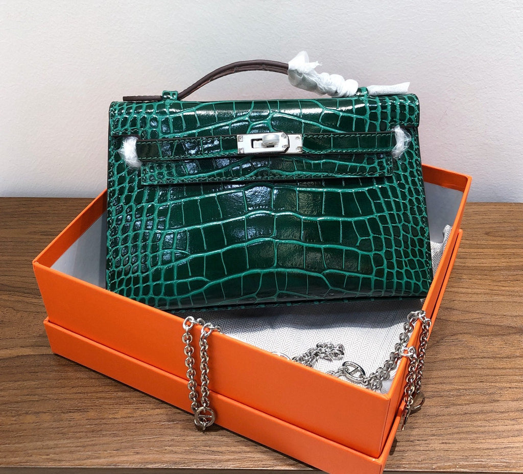 Kelly Pochette Vert Emeraude Shiny Niloticus Crocodile Leather Palladium Hardware Women Clutch Bag