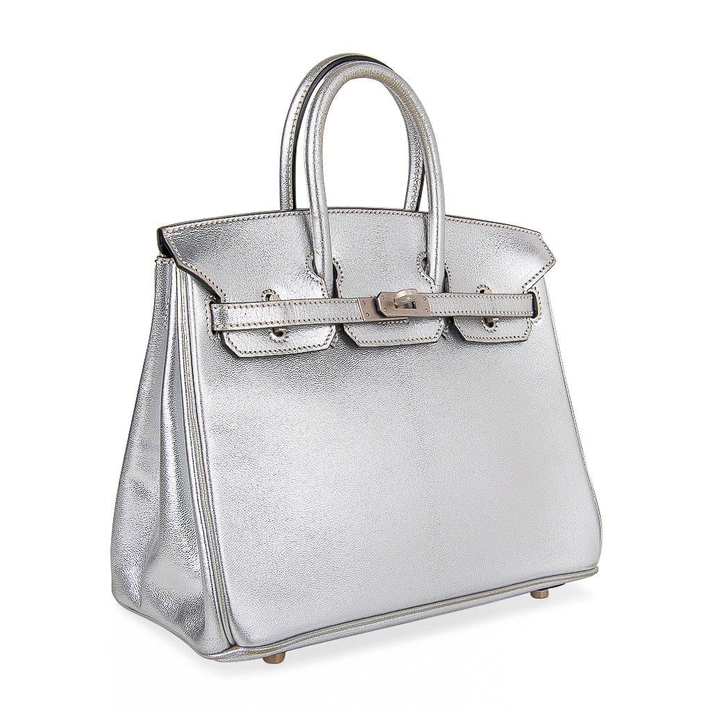 👜Birkin 25 Bag Metallic Silver Chevre with Brushed Palladium Hardware