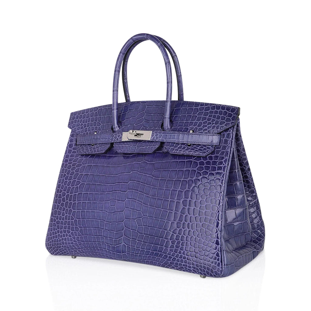 👜Birkin 35 Bag Blue Brighton Porosus Crocodile Palladium Hardware New