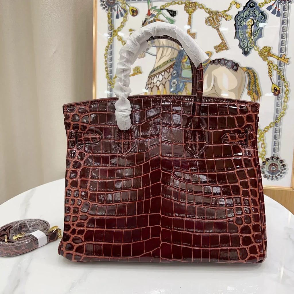 👜Birkin Bordeaux Shiny Porosus Crocodile Gold Hardware