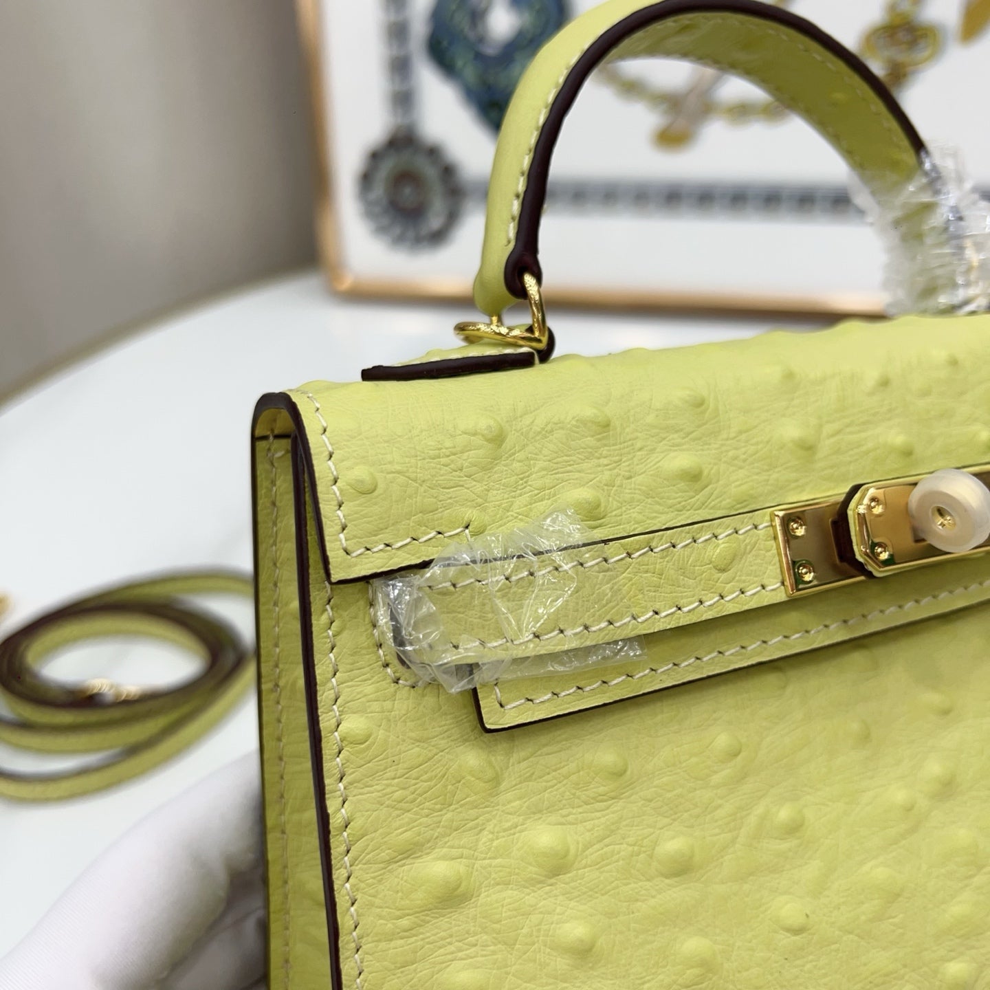 Mini Kelly II 19cm Sellier Jaune Poussin Ostrich Gold Hardware Luxury Mini Handbag