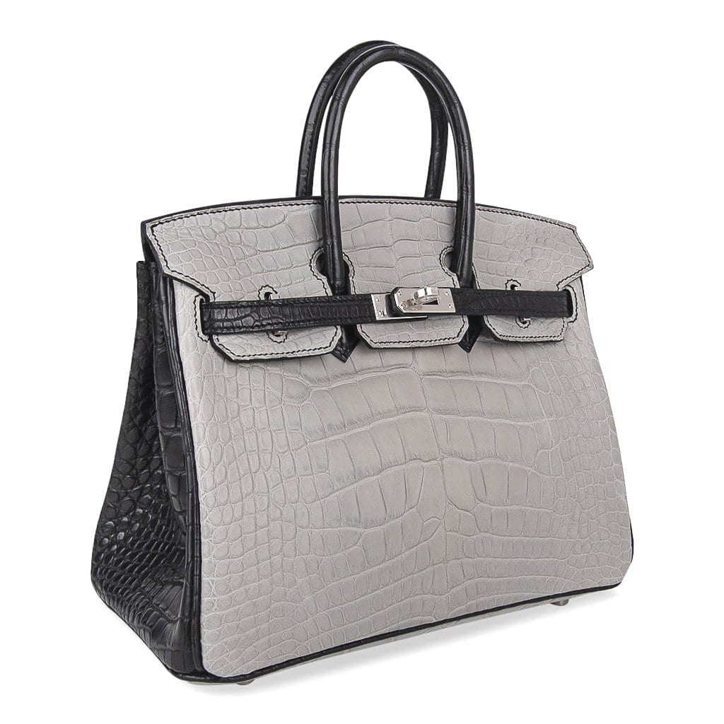 👜Birkin 25 HSS Bag Gris Perle / Black Matte Alligator Palladium Hardware