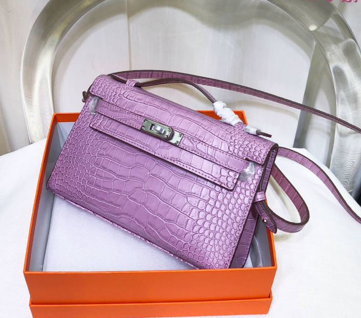 Kelly Pochette Lilac Shiny Niloticus Crocodile Leather Palladium Hardware Women Clutch Bag
