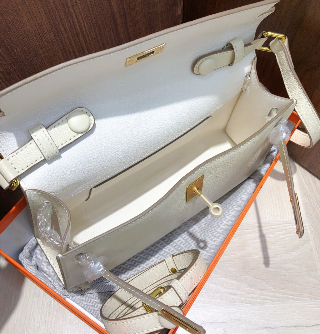 Kelly Elan 25 Underarm Baguette Bag, Genuine Top Layer Cowhide with Goat Grain, Gold Hardware Minimalist Off White Shoulder Handbag, Size 25×6.5×15cm Elegant Soft Tone Daily Purse for Women