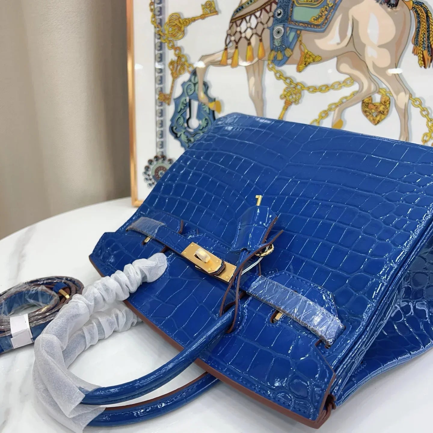 👜Birkin Blue Croc Embossement Leather Handbags Metal Lock Satchel Bag