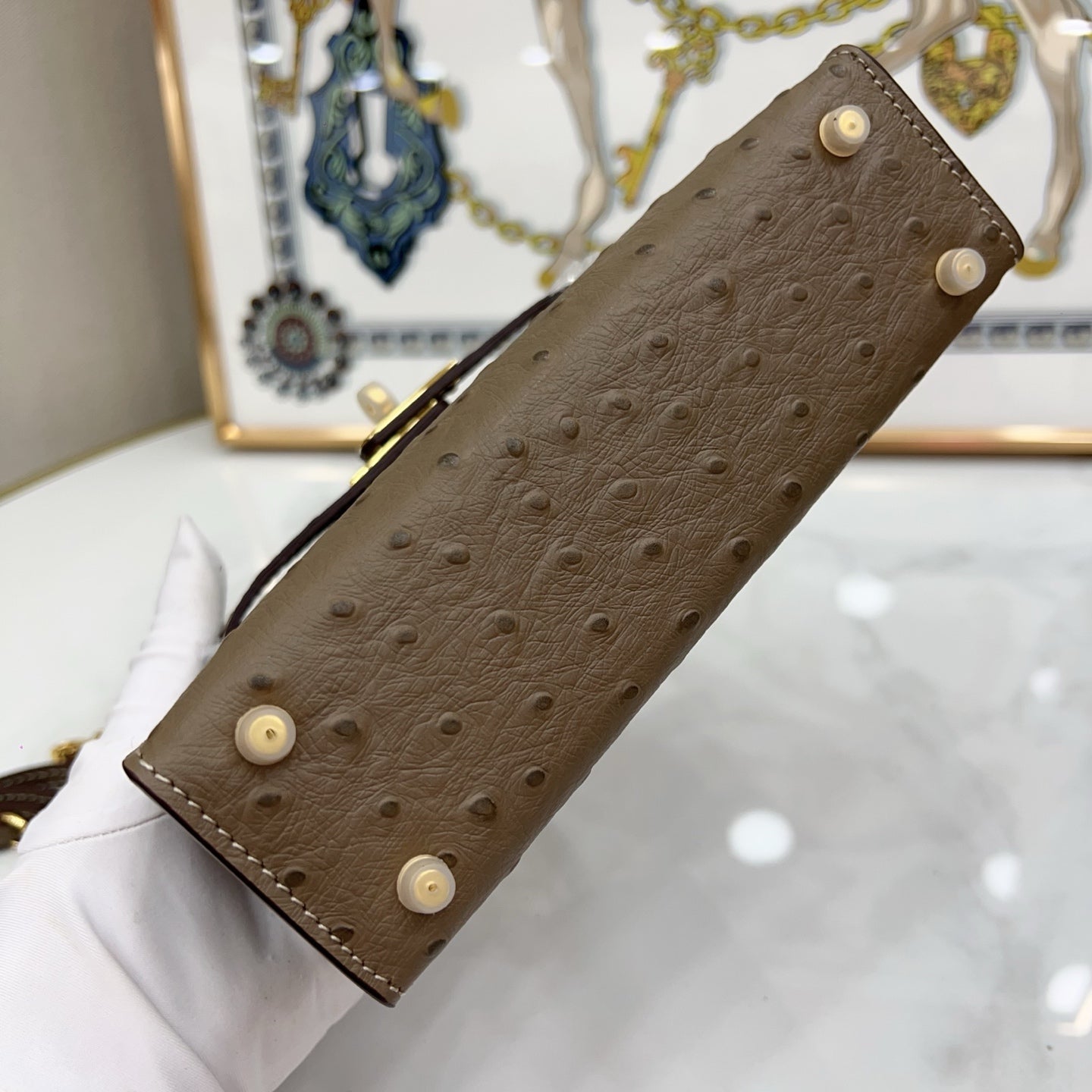 Mini Kelly II 19cm Sellier Etoupe Ostrich Gold Hardware Designer Mini Shoulder Purse