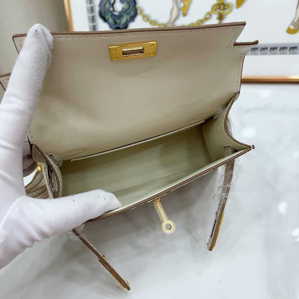 Mini Kelly II 19cm Sellier Craie Ostrich Gold Hardware Premium Women Daily Handbag