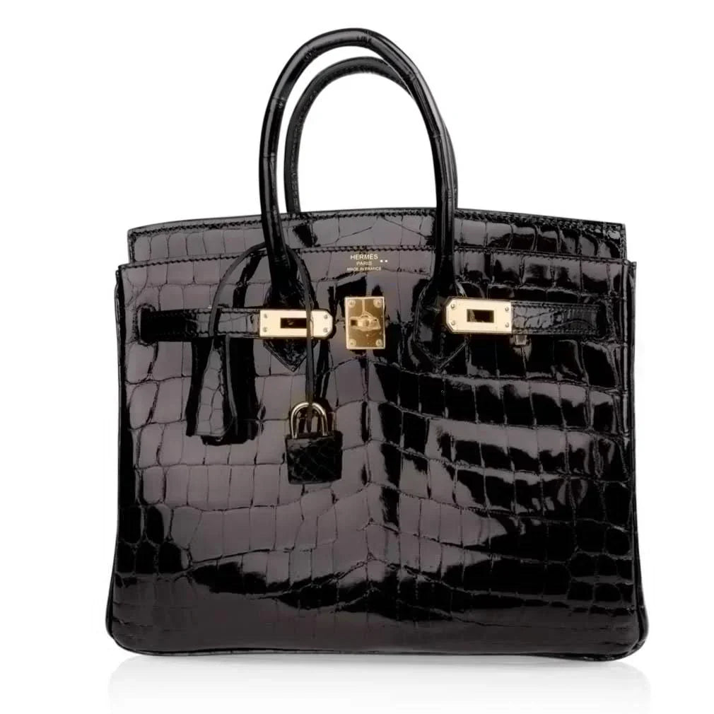 👜Birkin 25 Bag Black Crocodile Lisse Gold Hardware