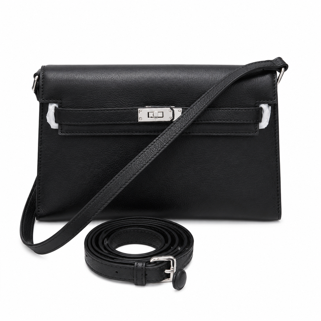 Kelly Elan 25 Underarm Baguette Bag, Genuine Top Layer Cowhide Goat Grain Leather, Silver Hardware Black Unisex Shoulder Purse, Multiway Crossbody Handheld Daily Bag, High Practical Daily Bag Size 25×6.5×15cm