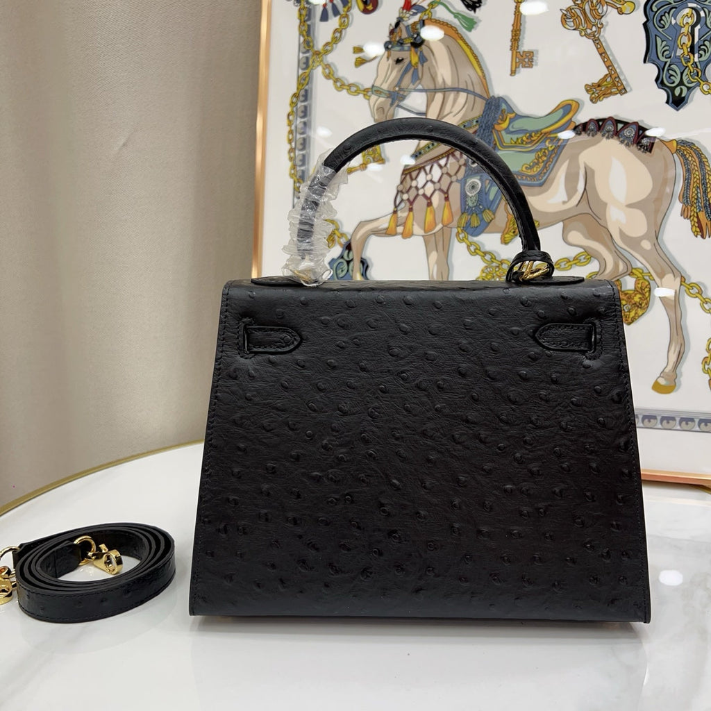 Kelly Sellier 25cm Noir Black Ostrich Gold Hardware Designer Shoulder Tote