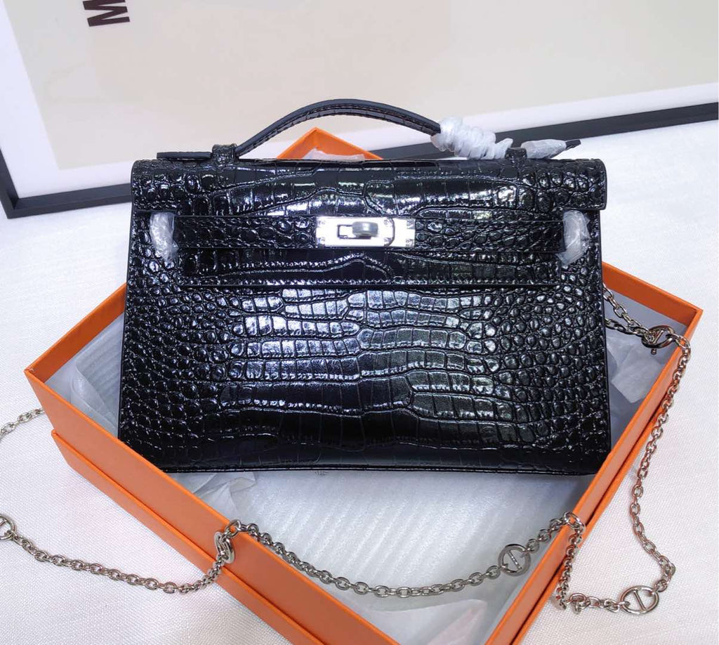 Kelly Pochette Noir Shiny Niloticus Crocodile Leather Palladium Hardware & Palladium Hardware Women Clutch Bag