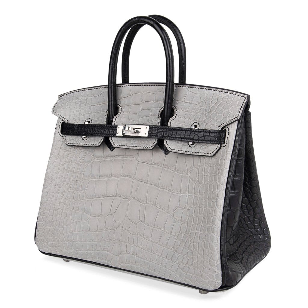 👜Birkin 25 HSS Bag Gris Perle / Black Matte Alligator Palladium Hardware