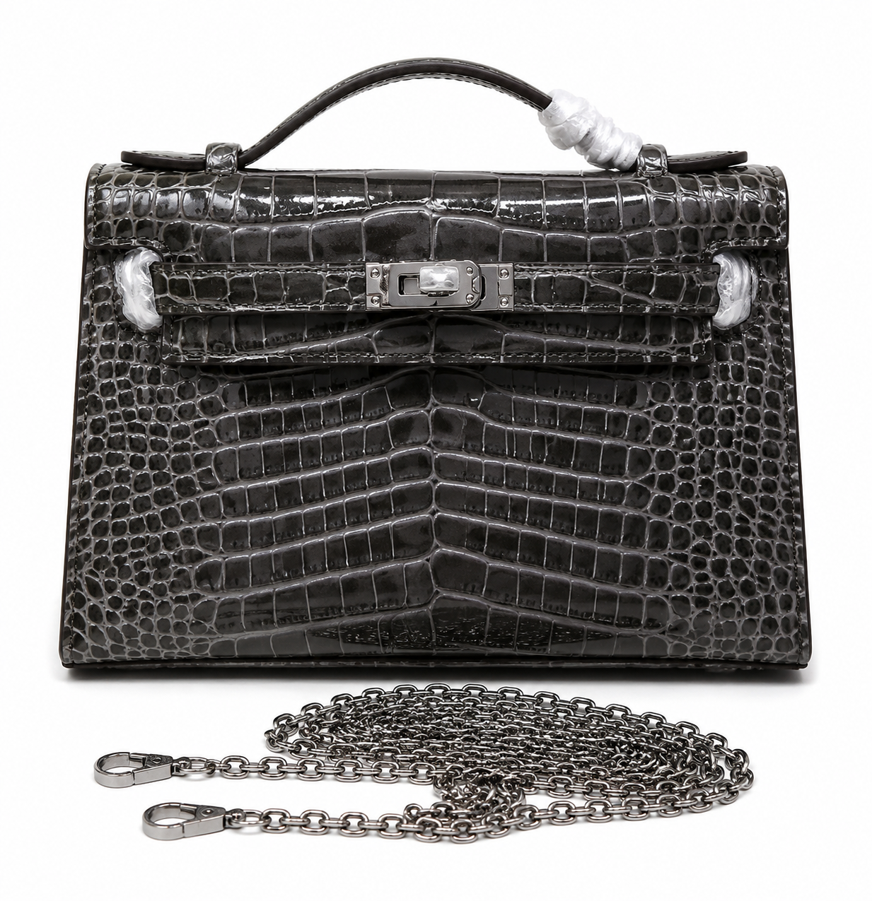 Kelly Pochette Gris Elephant Shiny Niloticus Crocodile Leather Palladium Hardware & Palladium Hardware Women Clutch Bag