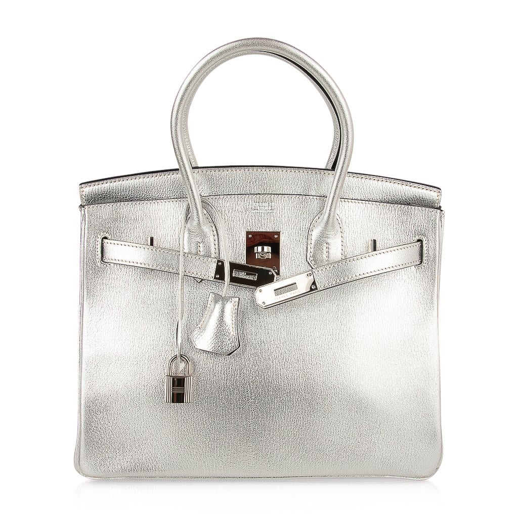 👜Limited Edition Birkin 30 Bag Silver Metallic Chevre Leather with Palladium Hardware