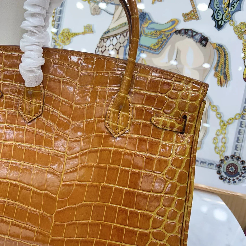 👜Birkin Shiny Niloticus Crocodile Cowhide Leather Gold Hardware