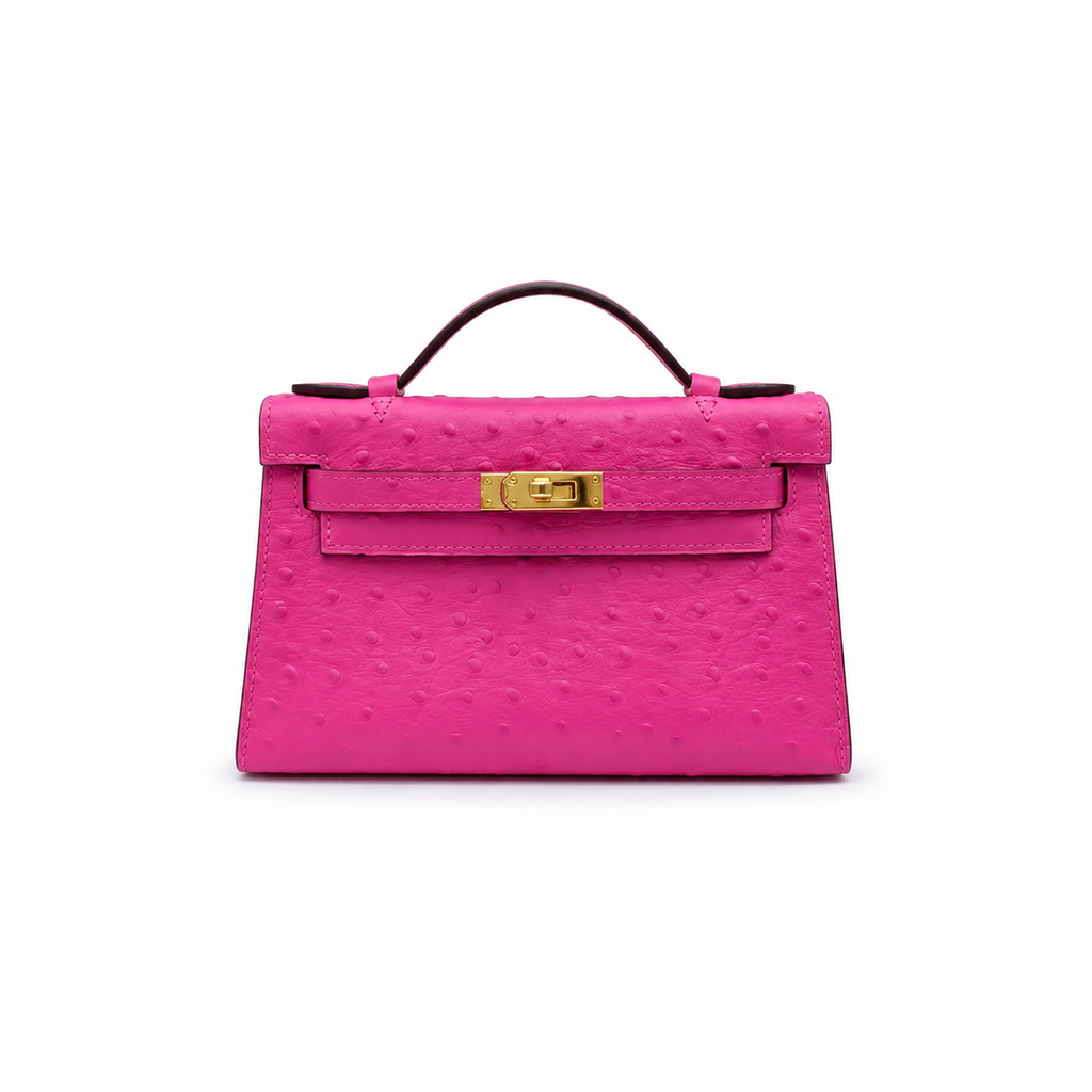 Mini Kelly Sellier 22cm Rose Tyrien Ostrich Leather Gold Hardware Women Mini Handbag