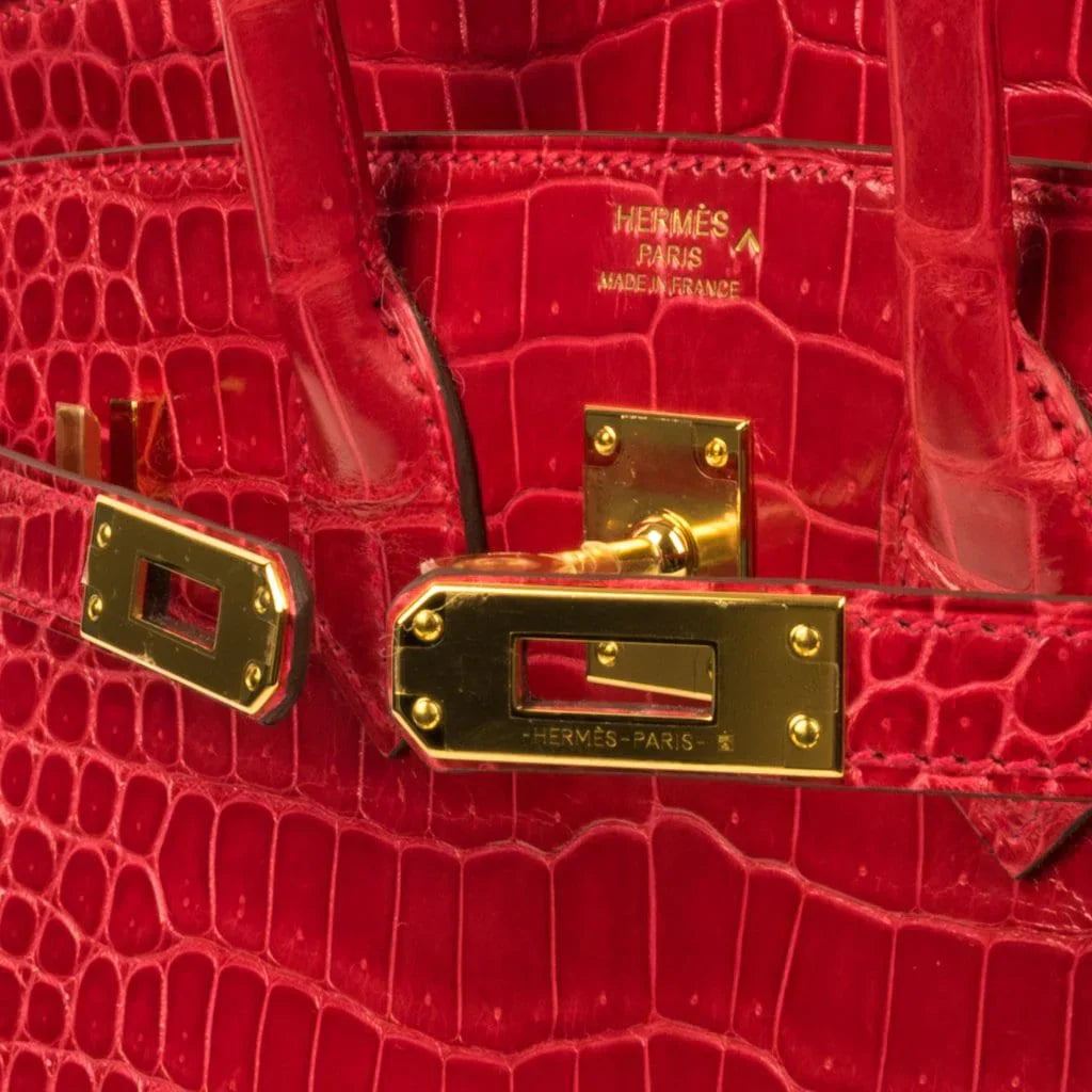 👜Birkin 25 Bag Red Braise Porosus Crocodile Gold Hardware Lipstick Red